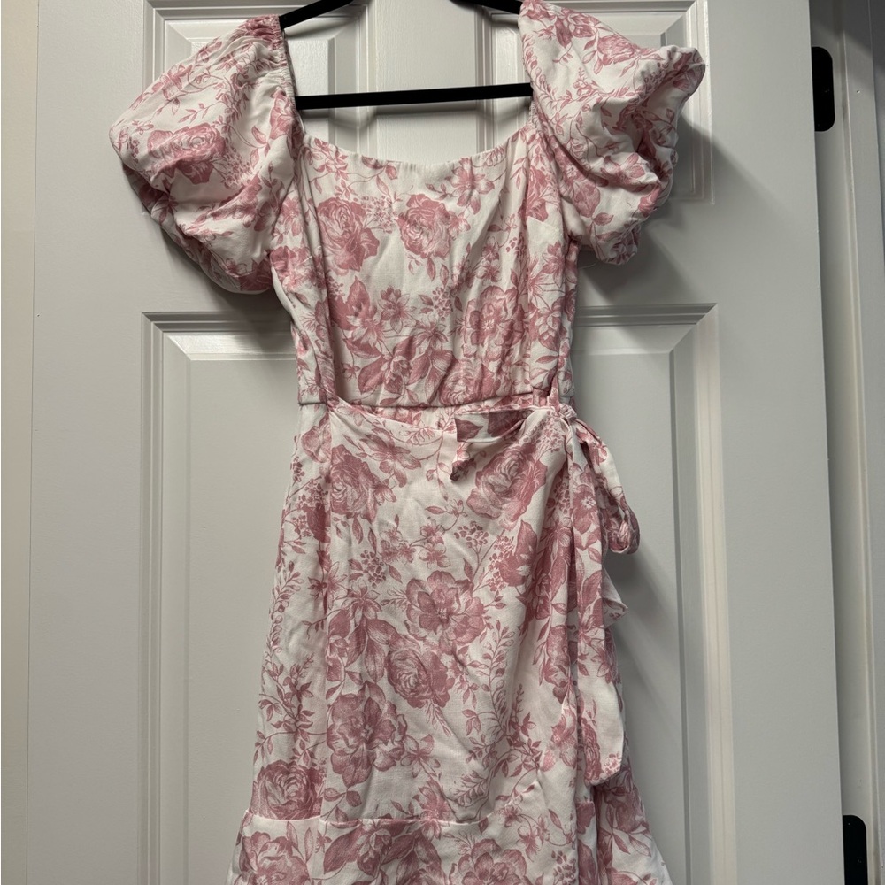 Trixxi Pink Floral Puff-Sleeve Wrap Dress
